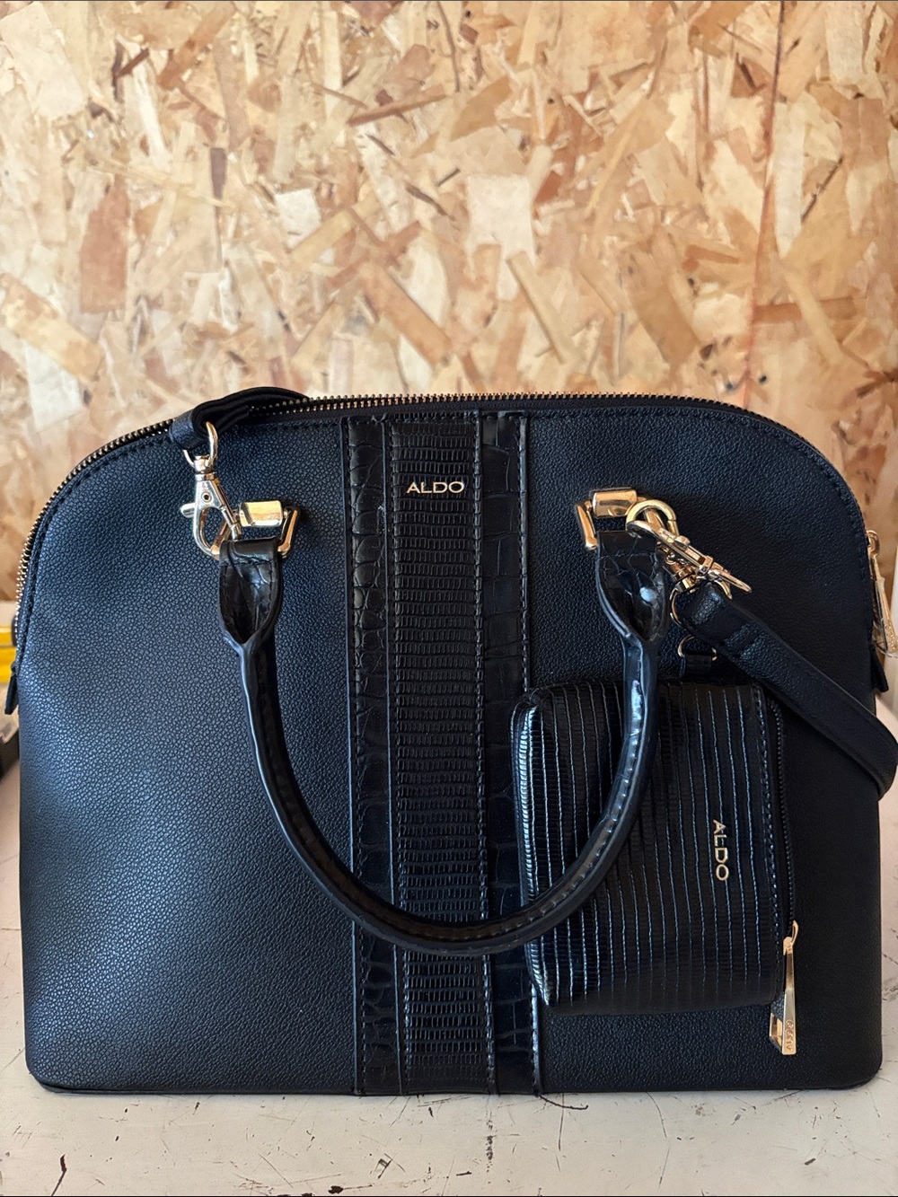 Aldo Black Dome Satchel with Gold Hardware and Removable Pouch